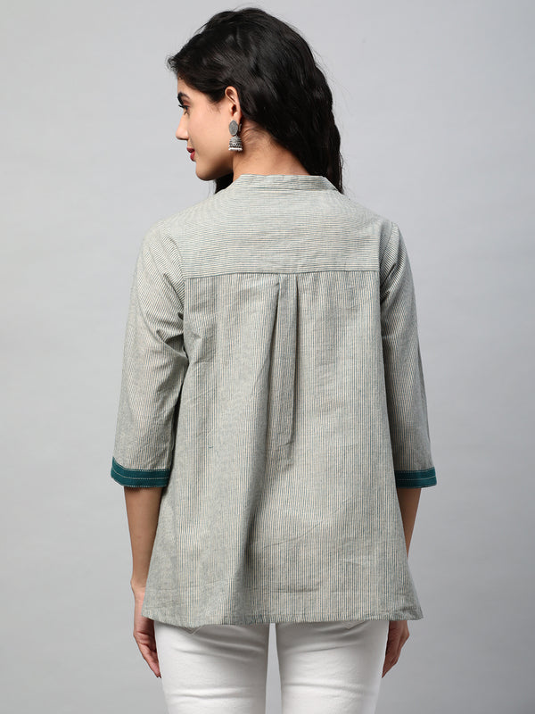 A-line Top in cotton teal blue stripes with mirrorwork at neckline