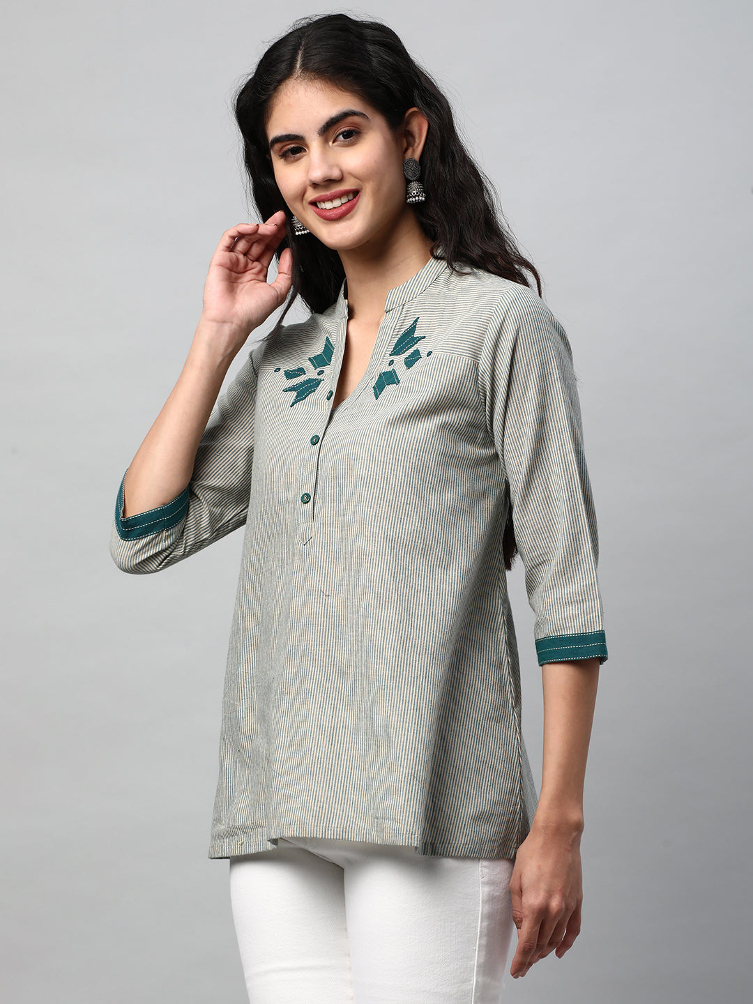 A-line Top in cotton teal blue stripes with mirrorwork at neckline