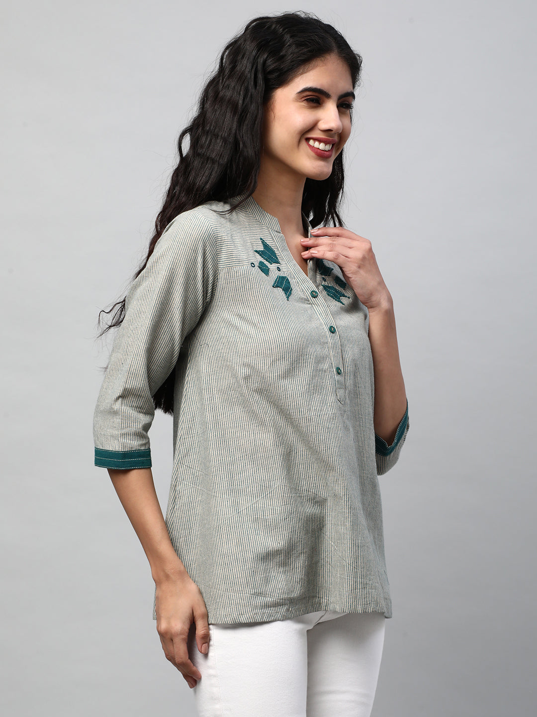 A-line Top in cotton teal blue stripes with mirrorwork at neckline