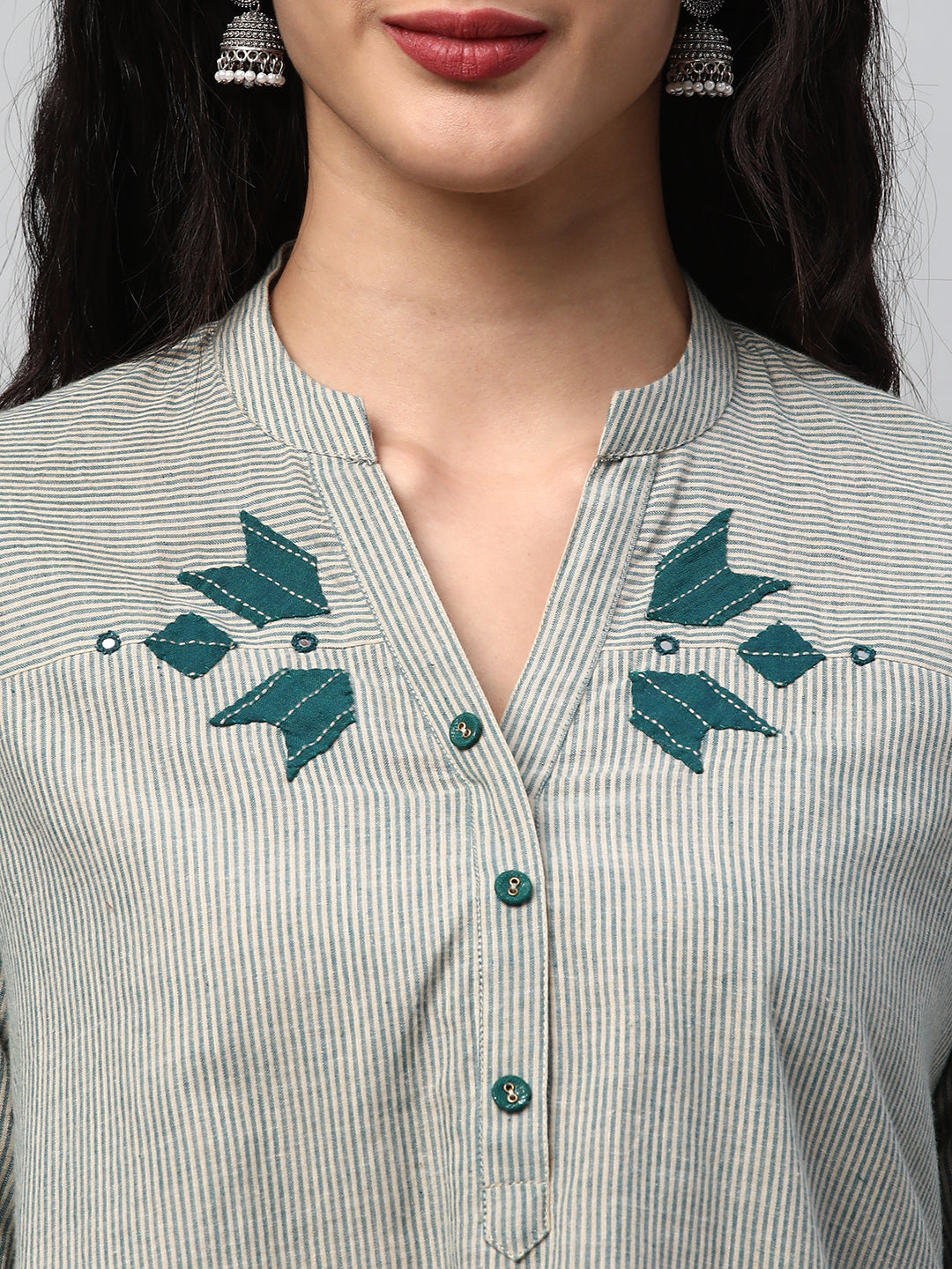 A-line Top in cotton teal blue stripes with mirrorwork at neckline