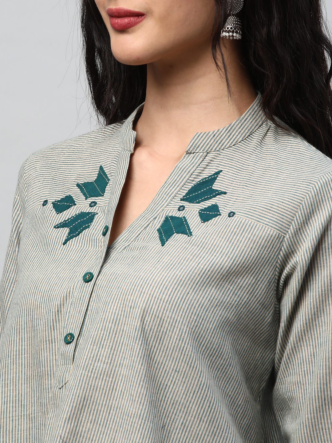 A-line Top in cotton teal blue stripes with mirrorwork at neckline