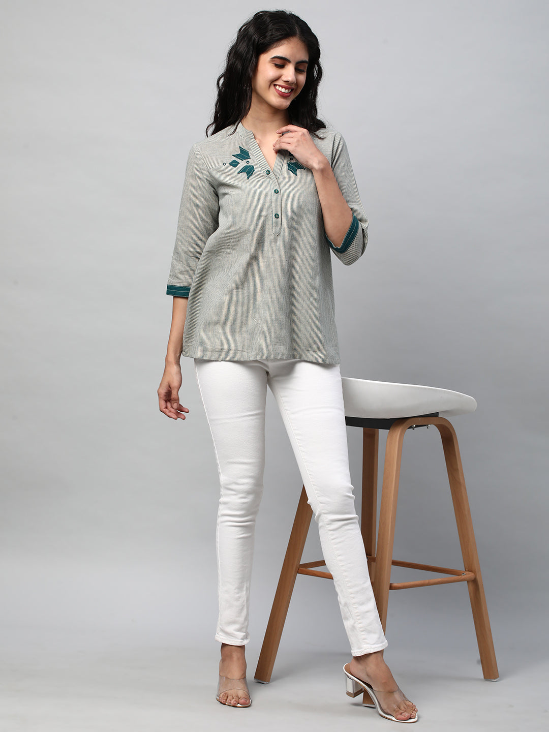 A-line Top in cotton teal blue stripes with mirrorwork at neckline