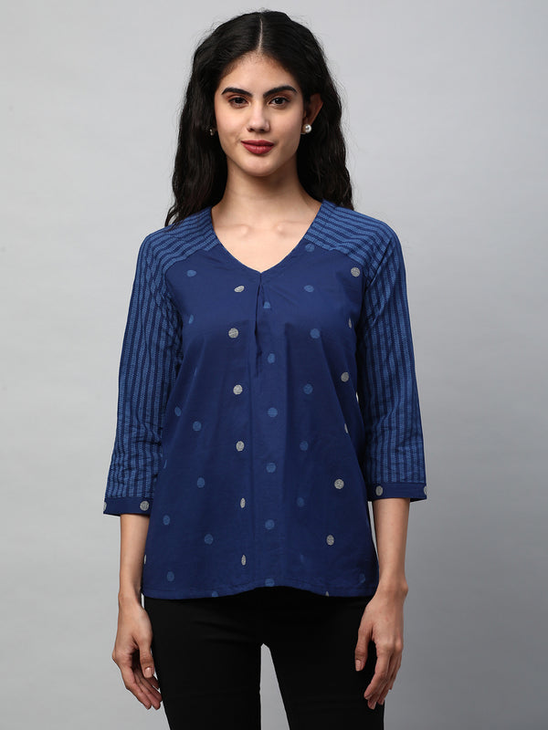 A- line top in printed Jamdani cotton fabric with V-neck