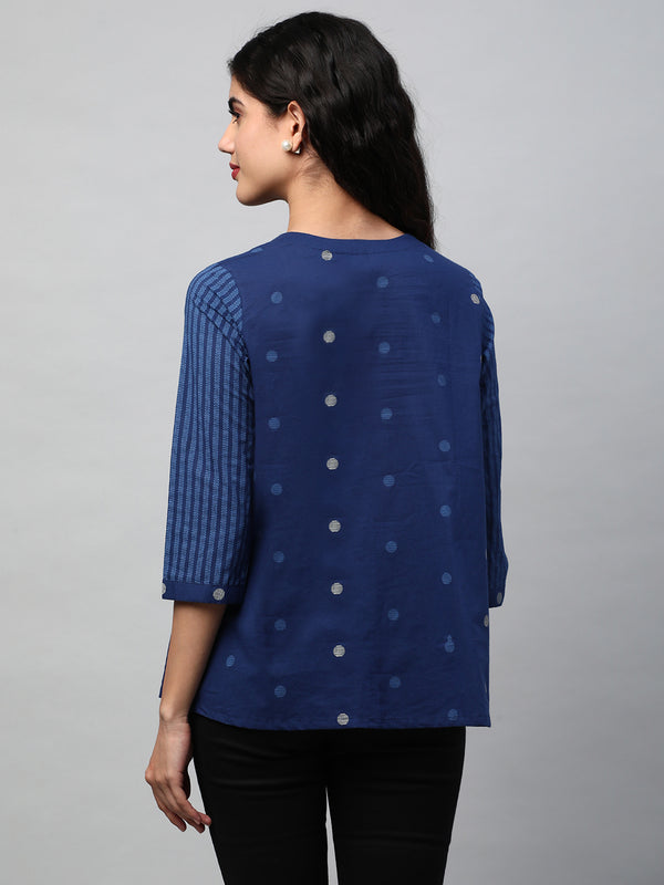 A- line top in printed Jamdani cotton fabric with V-neck