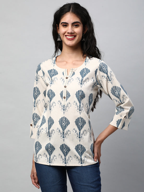 Ethnic top in cotton ikat print with rolled up cuffs