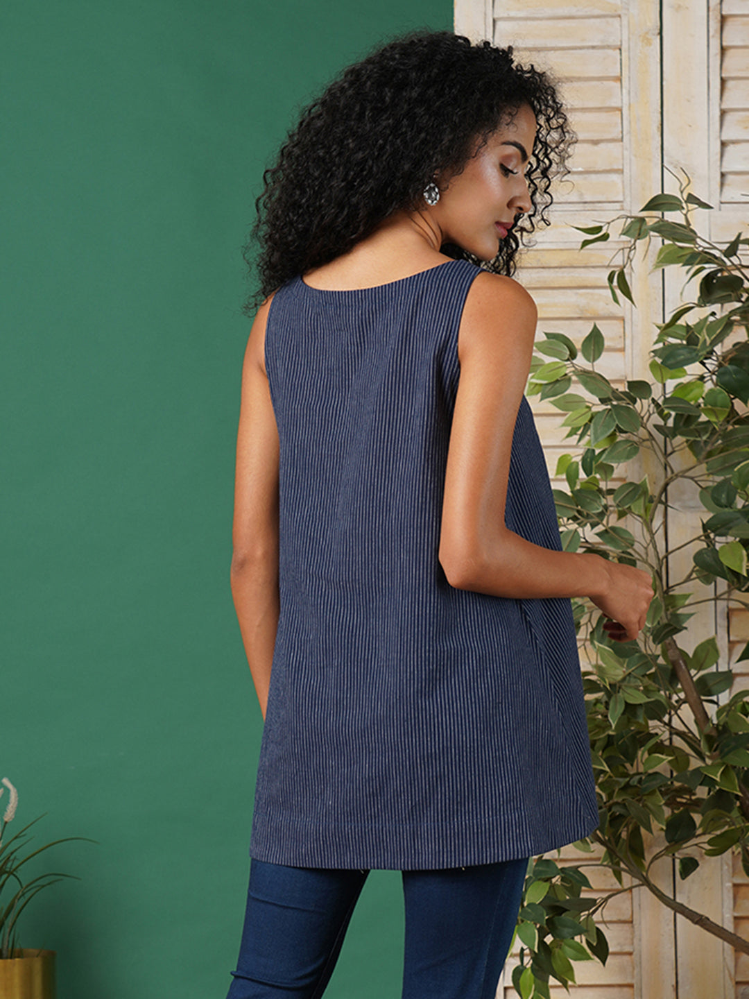 A-line south cotton tunic with chequered yoke and placket on front