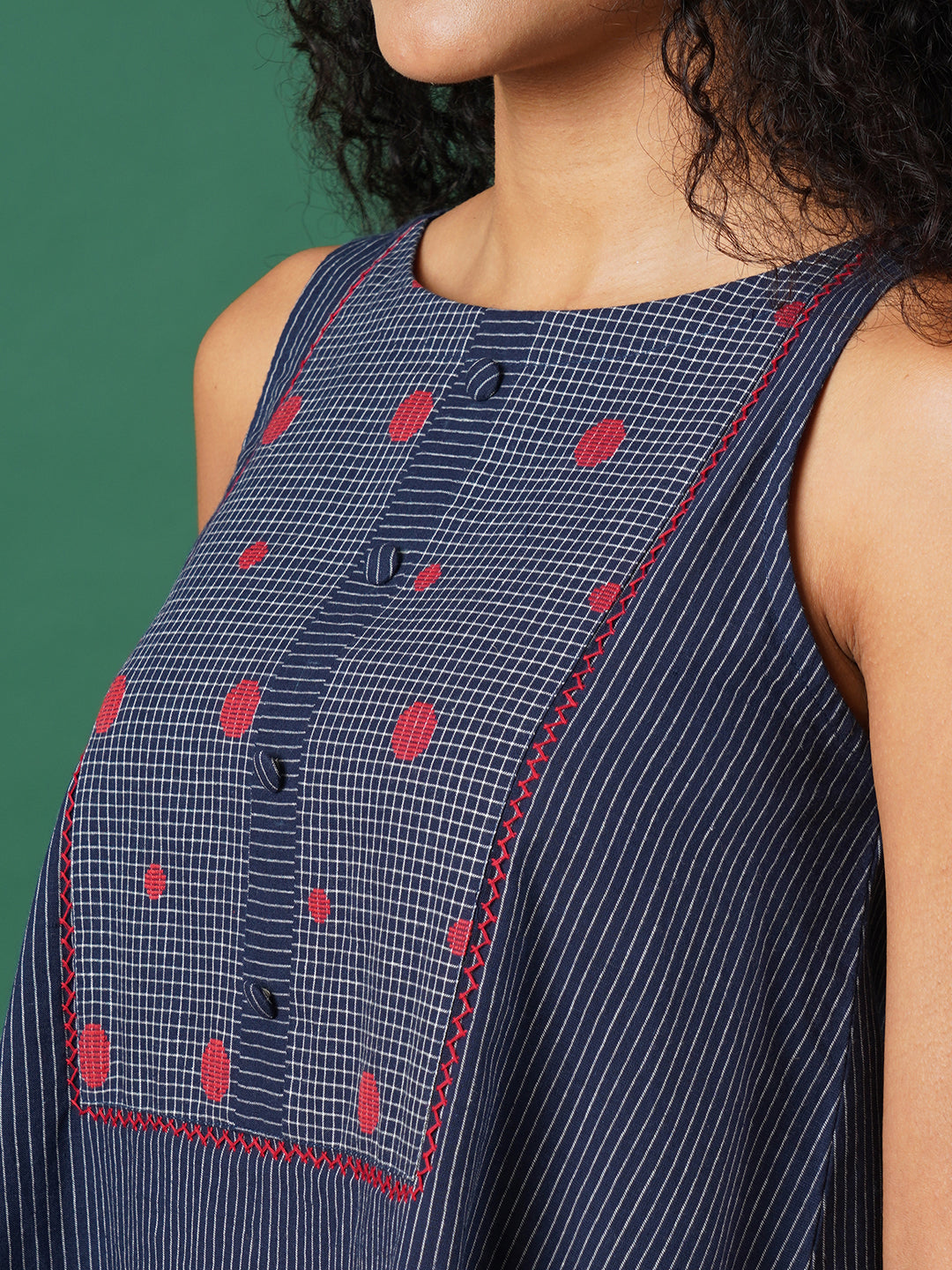 A-line south cotton tunic with chequered yoke and placket on front