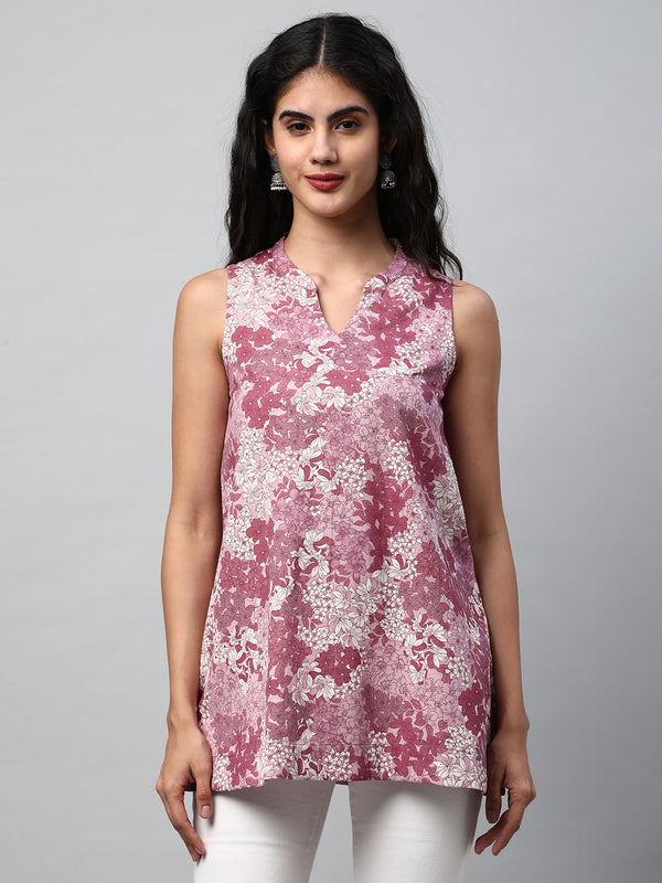 A-line printed flex sleeveless tunic with stand collar