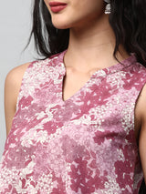 A-line printed flex sleeveless tunic with stand collar