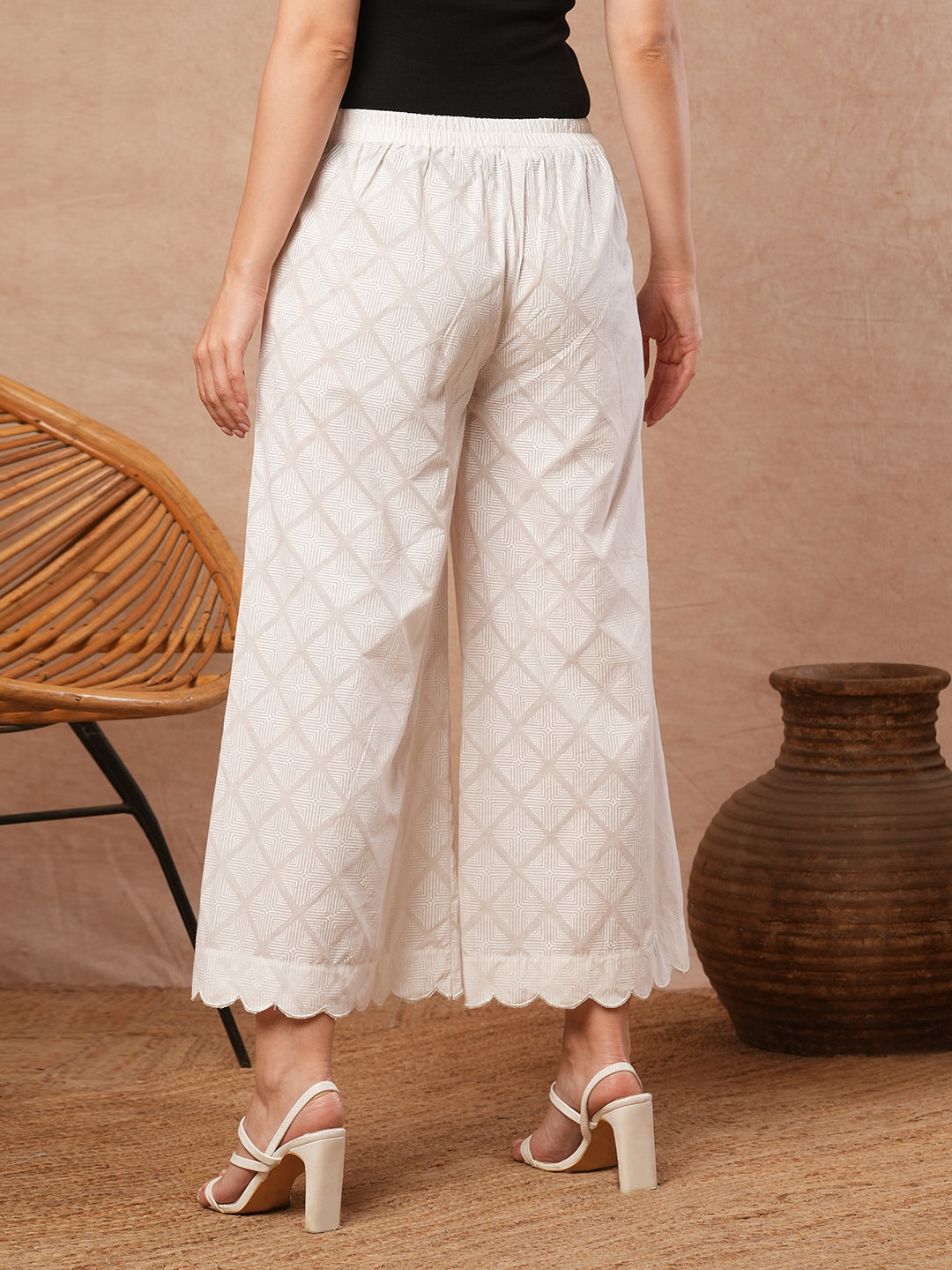 Pure white Cotton palazzo with scallop detailing in hem.