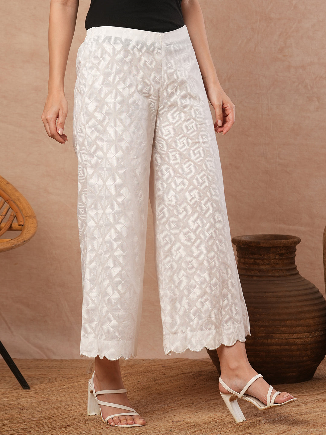 Pure white Cotton palazzo with scallop detailing in hem.