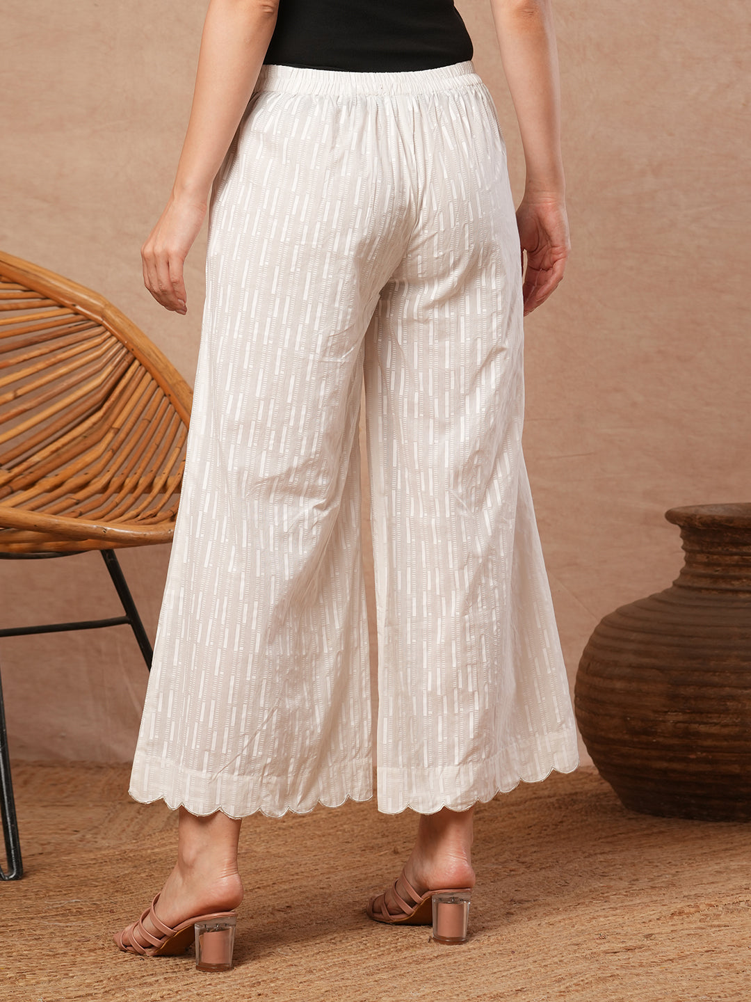 Pure white Cotton palazzo with scallop detailing in hem.