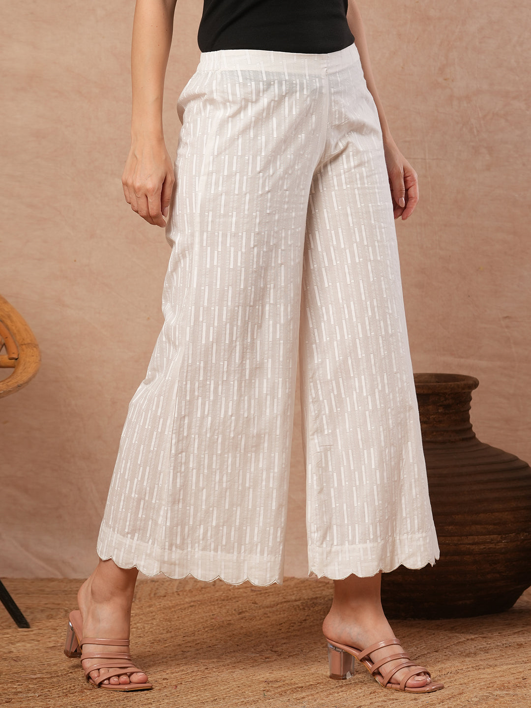 Pure white Cotton palazzo with scallop detailing in hem.