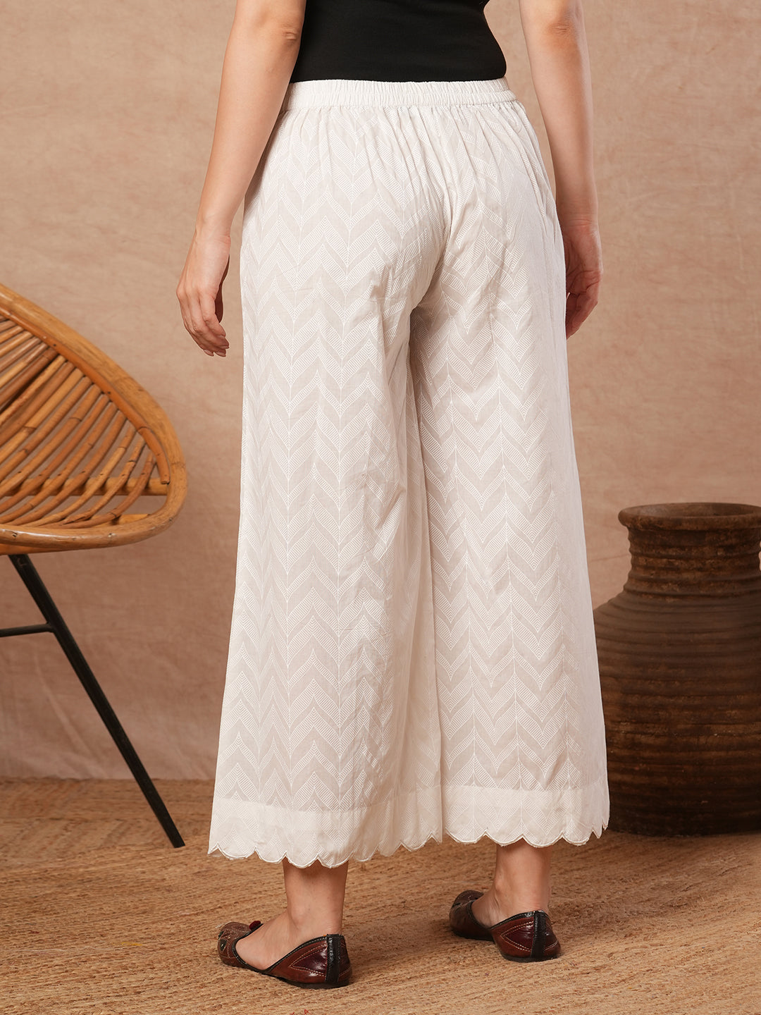 Pure white Cotton palazzo with scallop detailing in hem.