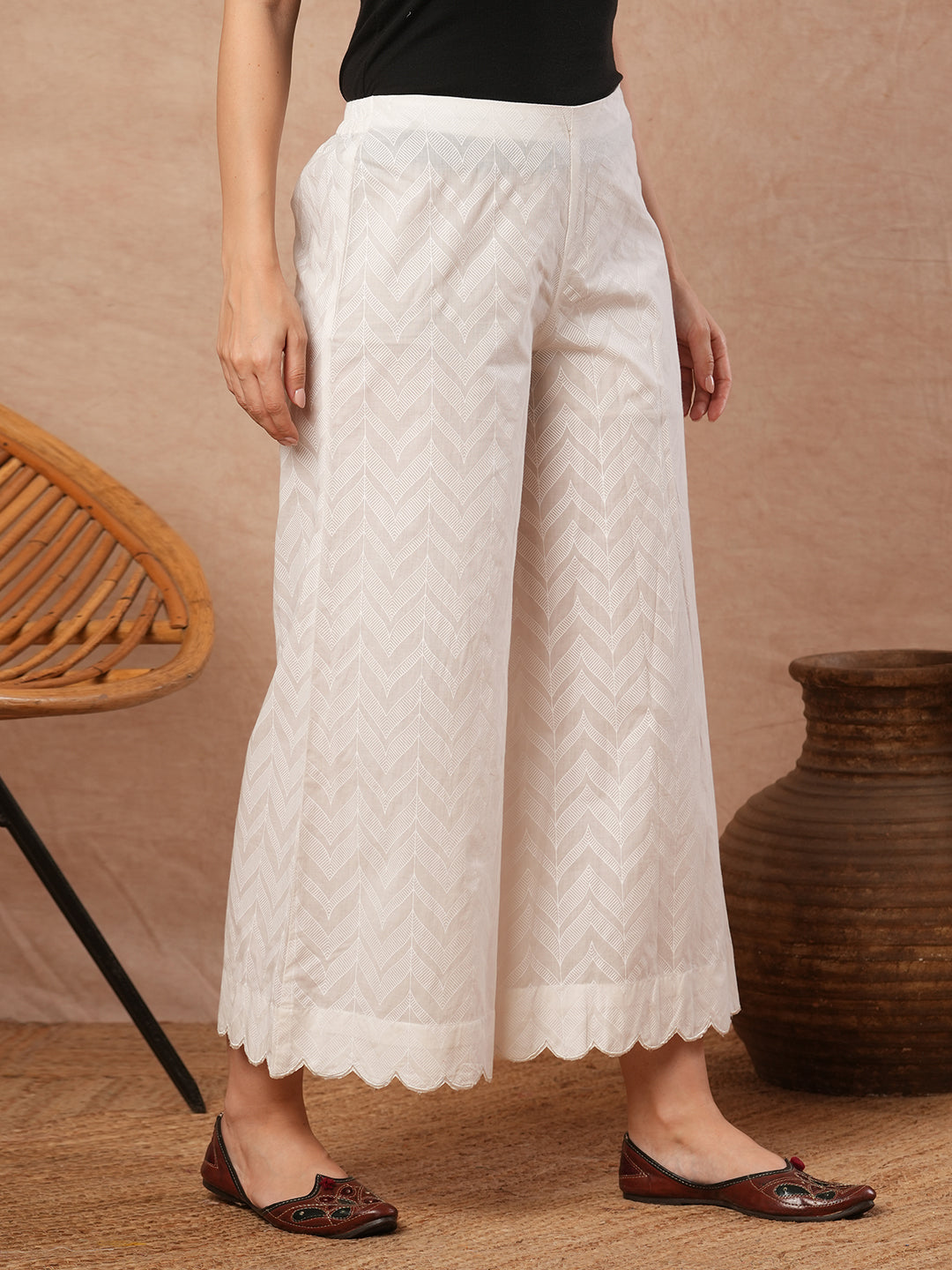 Pure white Cotton palazzo with scallop detailing in hem.