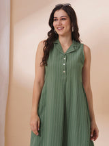 Striped sleeveless dress with notch collar and a side box pleat.