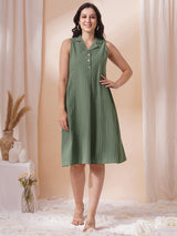 Striped sleeveless dress with notch collar and a side box pleat.