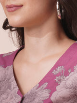 Printed flex extended shoulder dress with functional centre placket and waist tie-up.