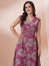 Printed flex extended shoulder dress with functional centre placket and waist tie-up.