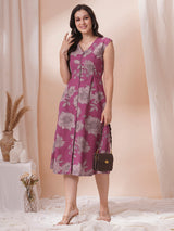 Printed flex extended shoulder dress with functional centre placket and waist tie-up.