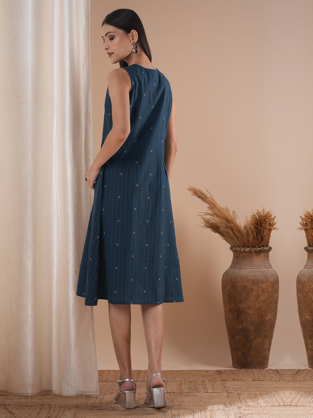 A-line dobby dress with overlap short yoke with gathers highlighted