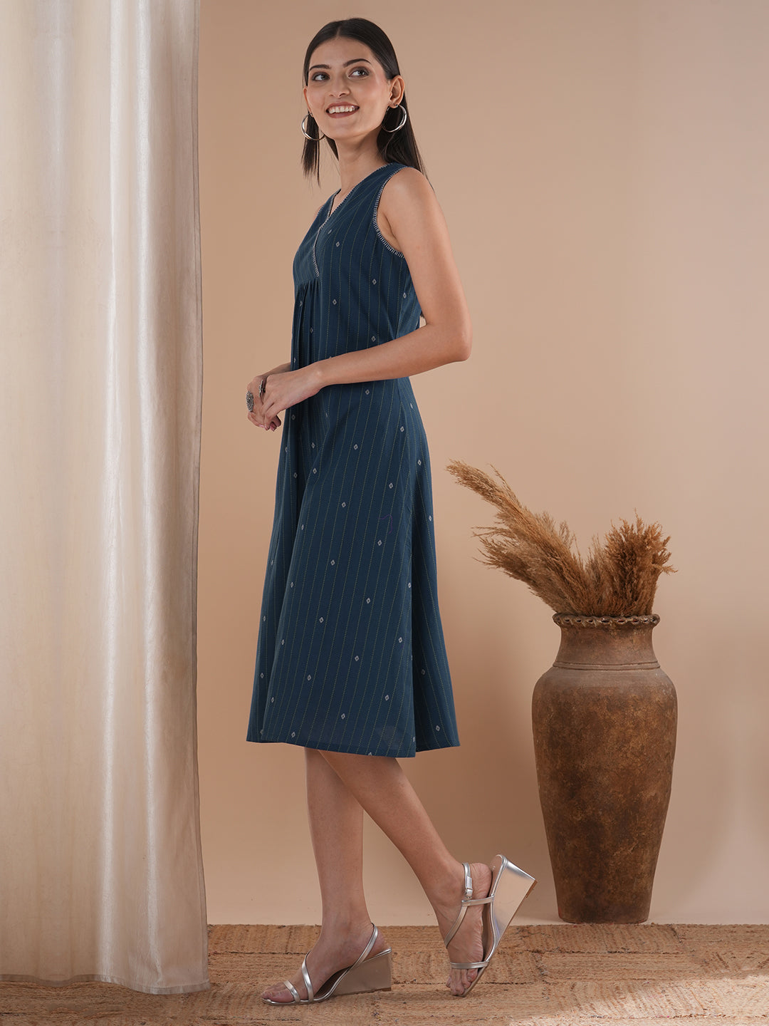 A-line dobby dress with overlap short yoke with gathers highlighted