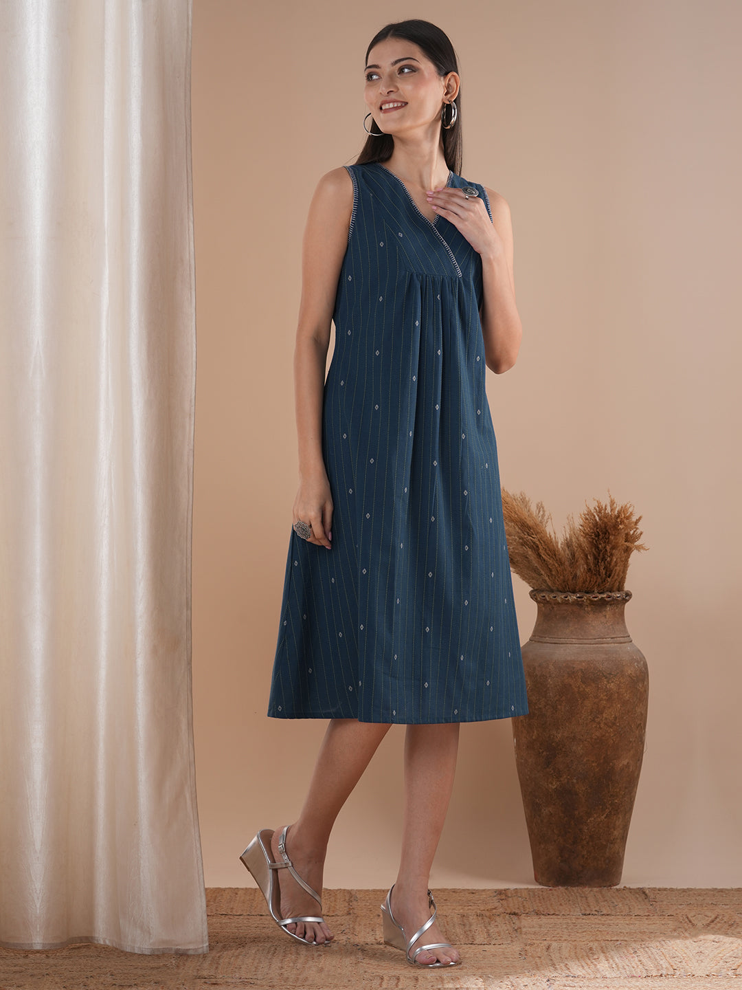 A-line dobby dress with overlap short yoke with gathers highlighted