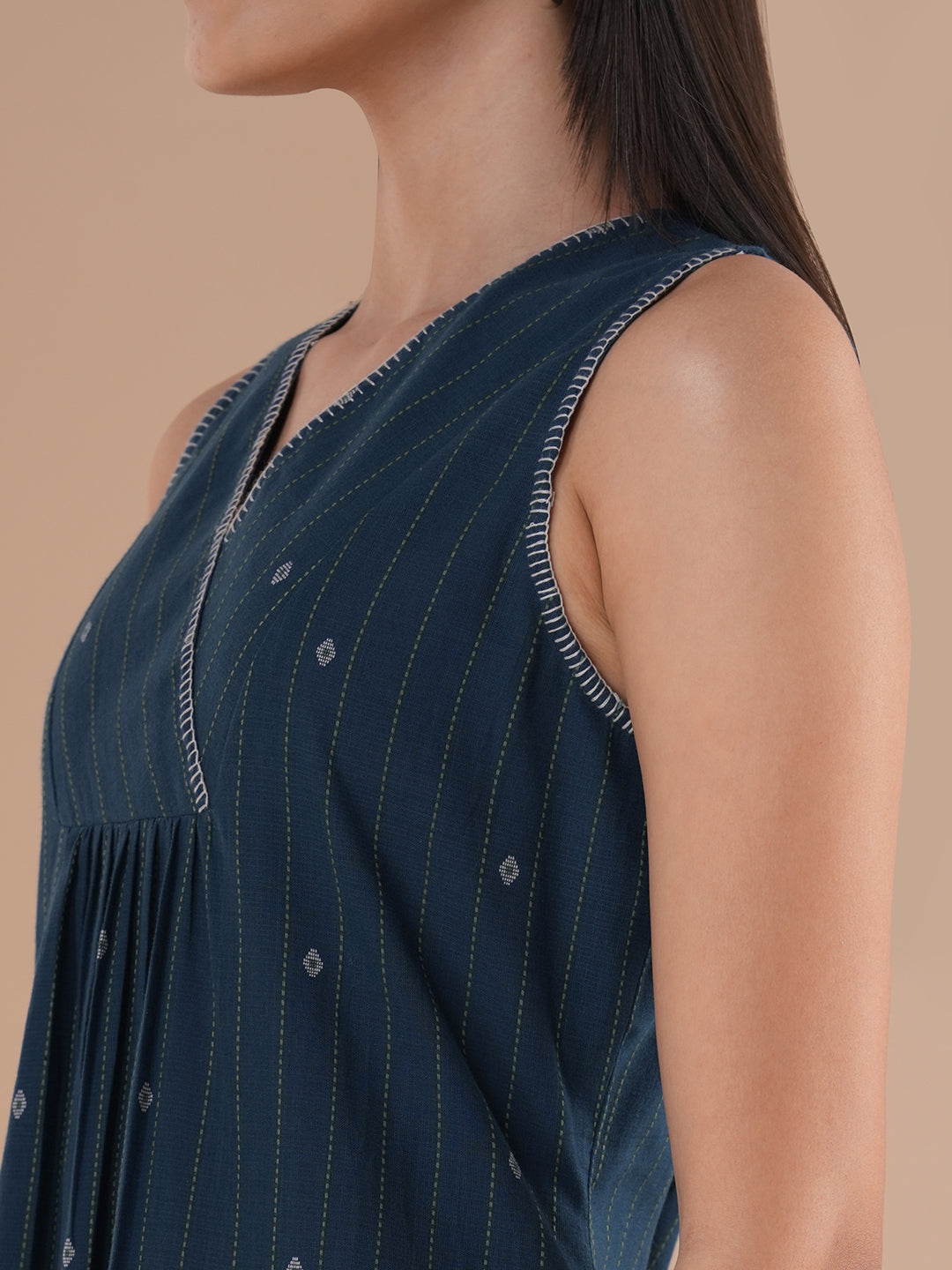 A-line dobby dress with overlap short yoke with gathers highlighted