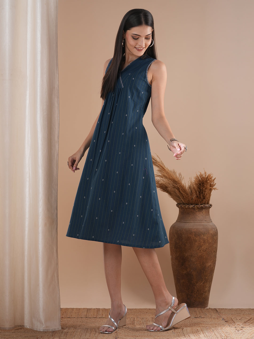 A-line dobby dress with overlap short yoke with gathers highlighted