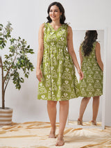 A-line dress with elasticated waist and gathered shoulders with dori and bead detail.