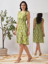 A-line dress with elasticated waist and gathered shoulders with dori and bead detail.