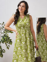 A-line dress with elasticated waist and gathered shoulders with dori and bead detail.