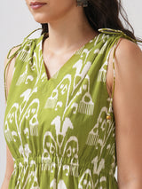 A-line dress with elasticated waist and gathered shoulders with dori and bead detail.