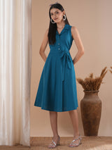 Fit and flared sleeveless dress with notch collar, centre placket with waist tie-up