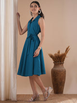 Fit and flared sleeveless dress with notch collar, centre placket with waist tie-up