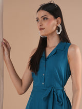 Fit and flared sleeveless dress with notch collar, centre placket with waist tie-up