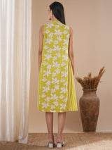 A printed dress with centre placket and pleated side panels with 2 pockets