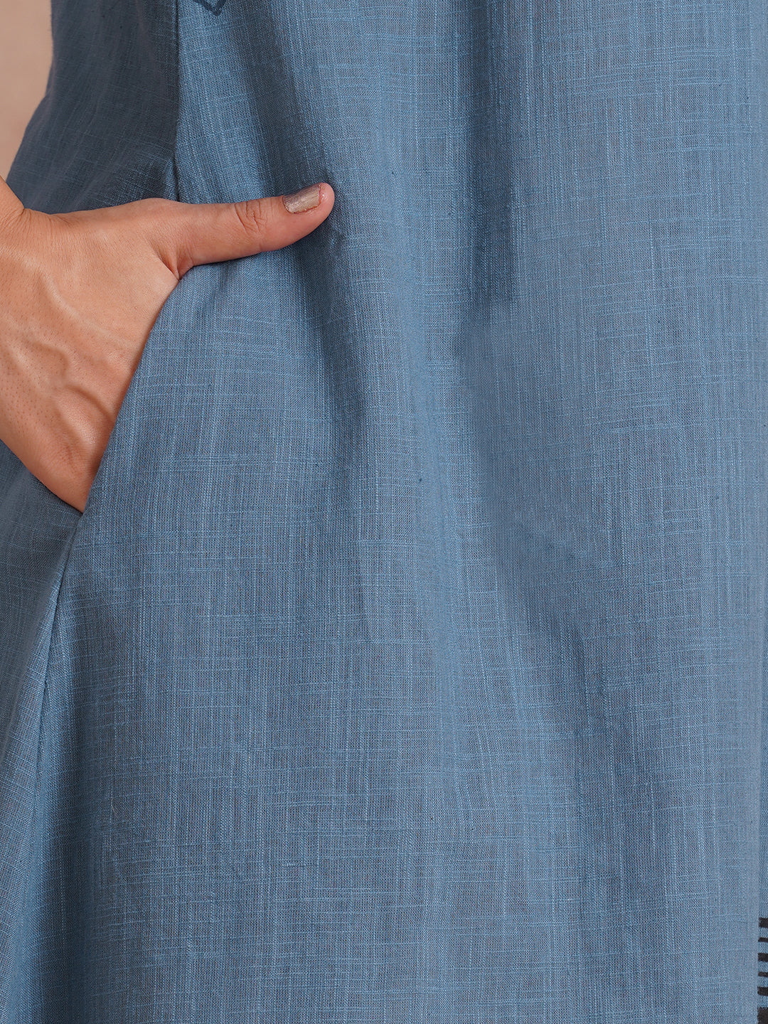 A-line placement block printed dress with centre box pleat in the front and sleeves.