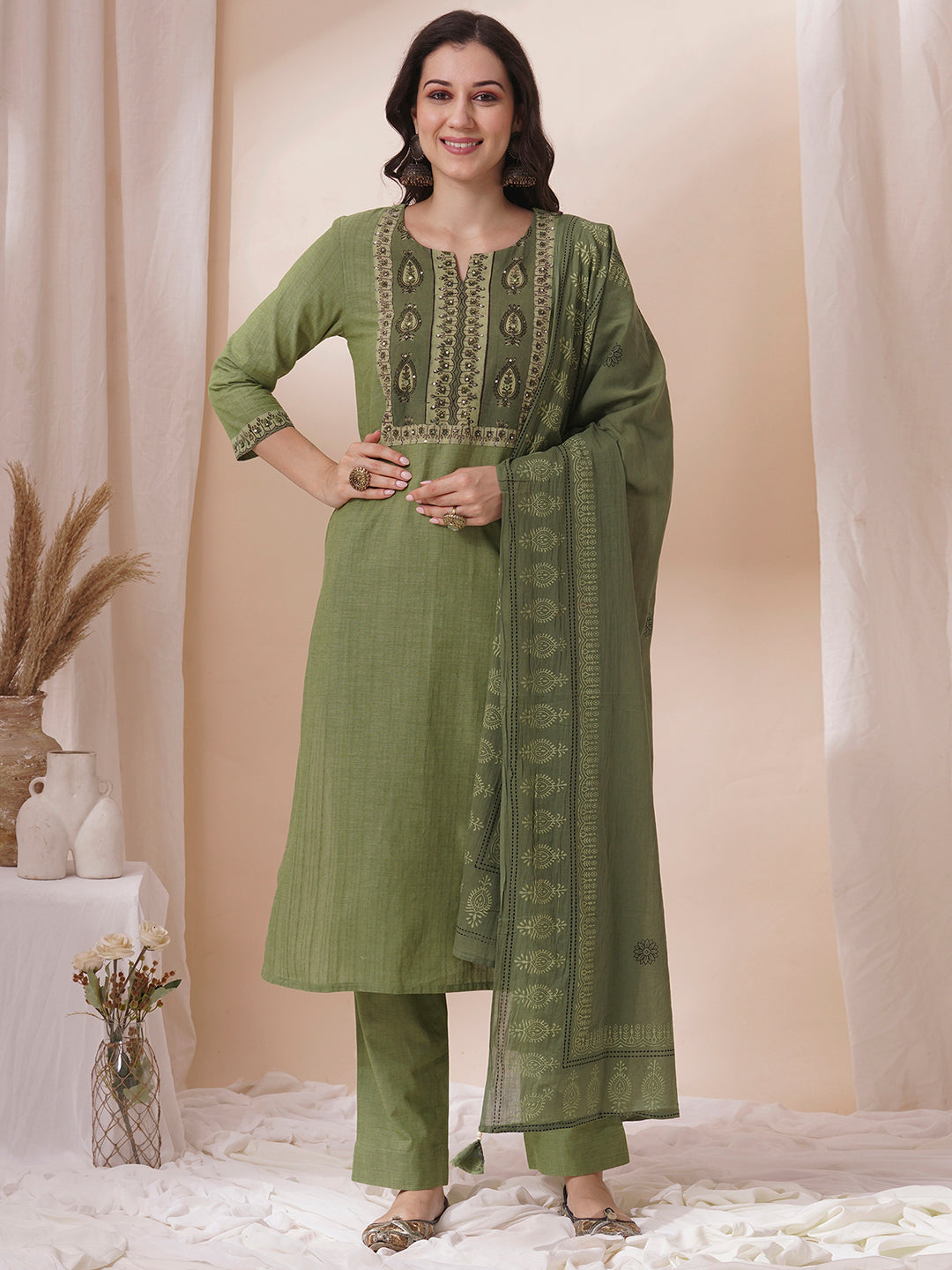 Cotton Straight Kurta Set with Sequin and Mirror Work Detailing, Printed Dupatta and Coordinated Pants