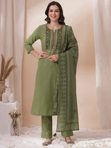 Cotton kurta suit set with the sequins and mirror work with printed dupatta.