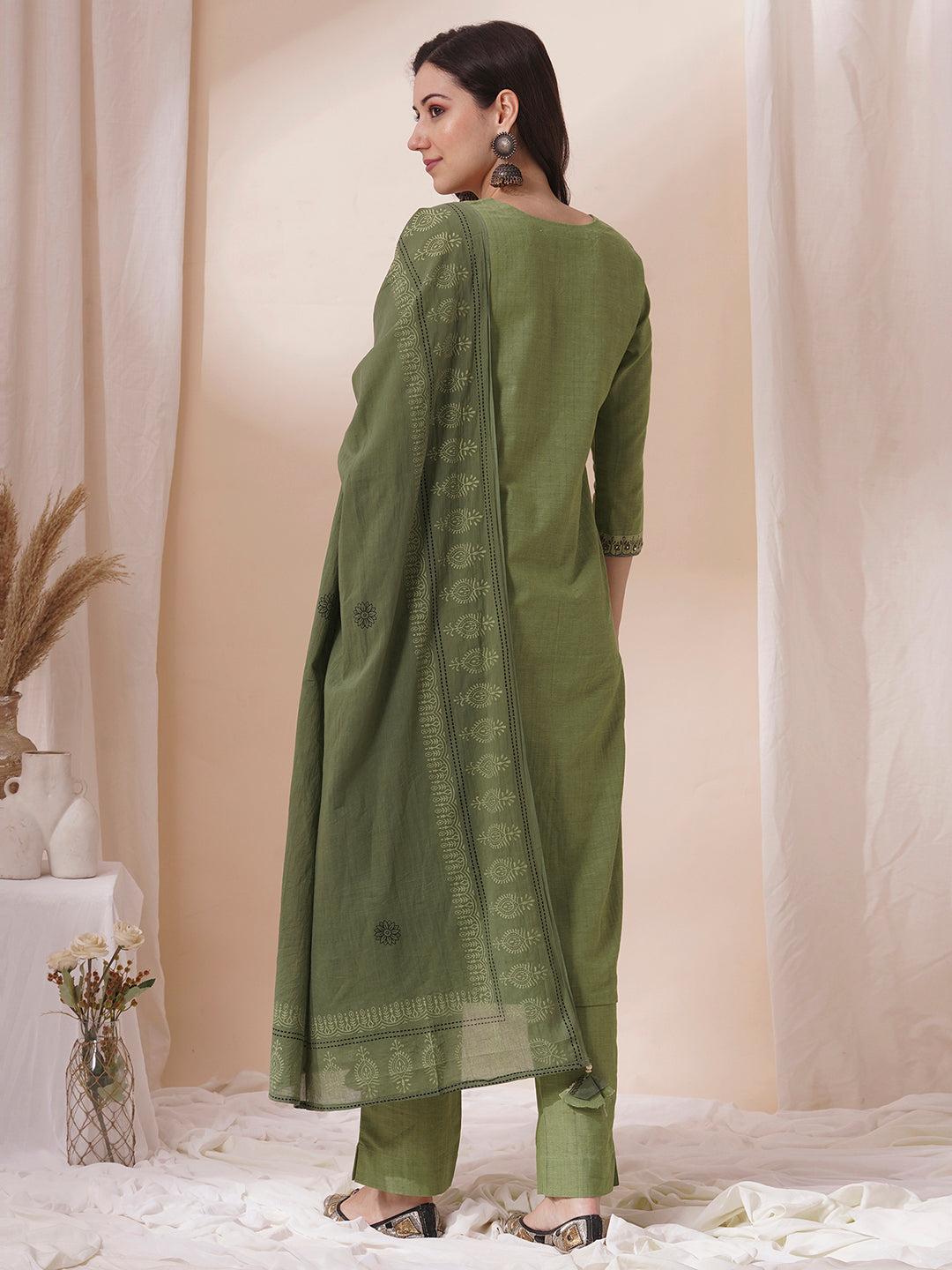 Cotton Straight Kurta Set with Sequin and Mirror Work Detailing, Printed Dupatta and Coordinated Pants
