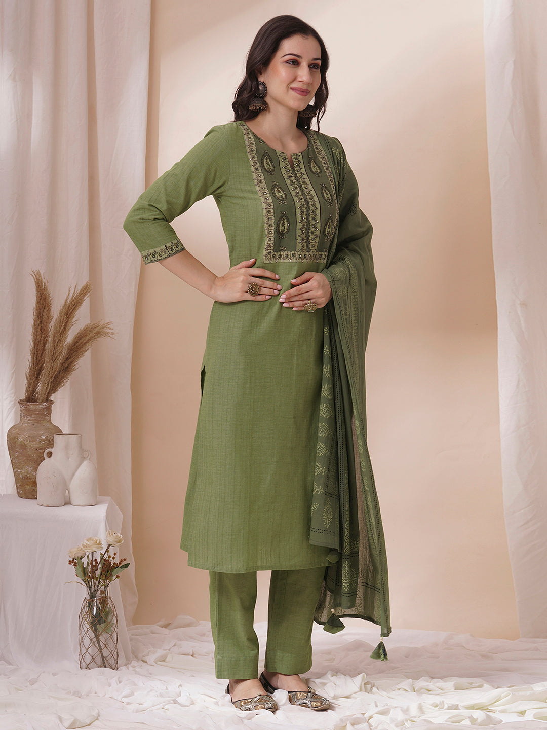 Cotton Straight Kurta Set with Sequin and Mirror Work Detailing, Printed Dupatta and Coordinated Pants
