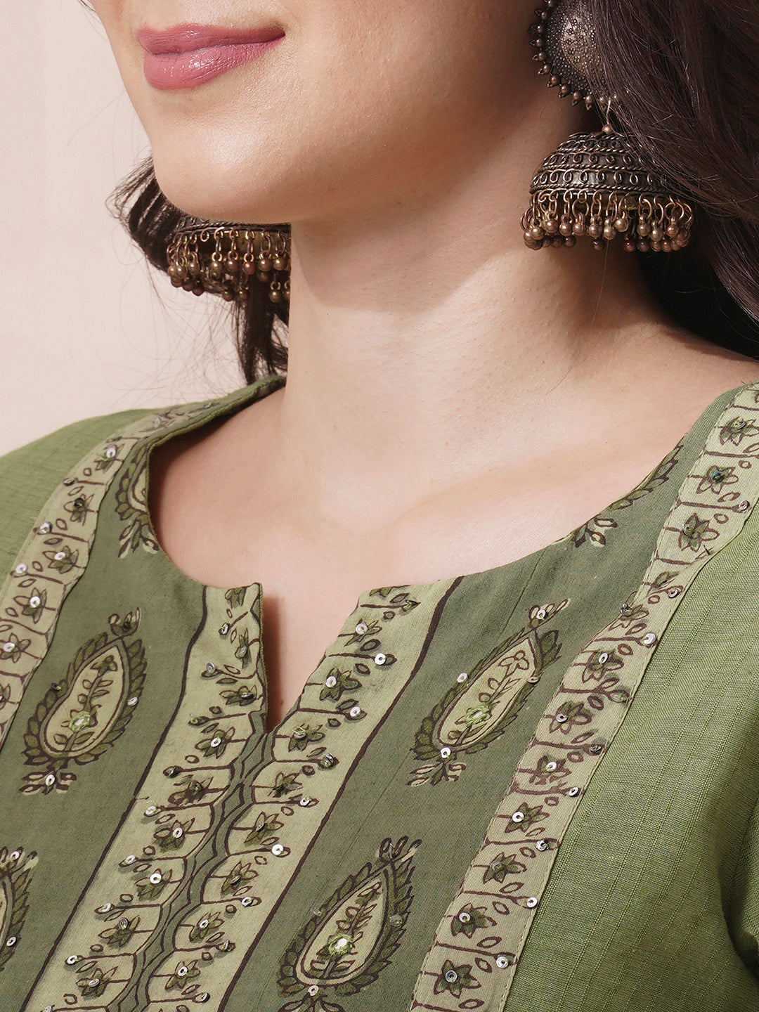 Cotton Straight Kurta Set with Sequin and Mirror Work Detailing, Printed Dupatta and Coordinated Pants
