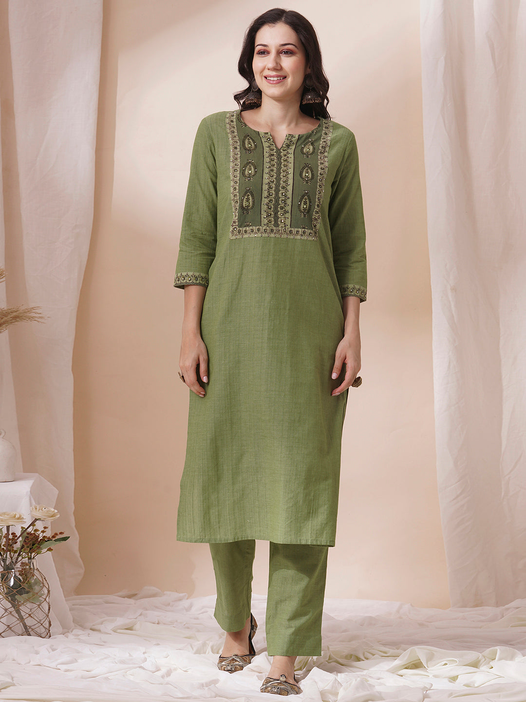 Cotton Straight Kurta Set with Sequin and Mirror Work Detailing, Printed Dupatta and Coordinated Pants
