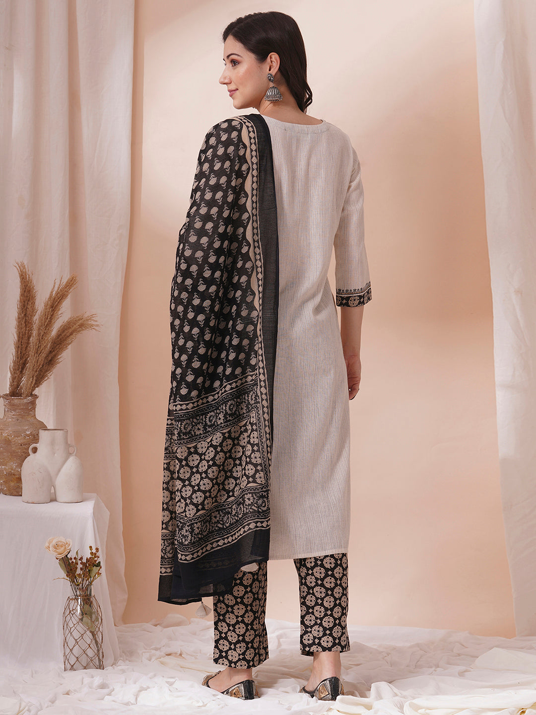 Cotton kurta suit set with mirror work with printed dupatta and printed pant.