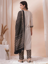 Cotton kurta suit set with mirror work with printed dupatta and printed pant.