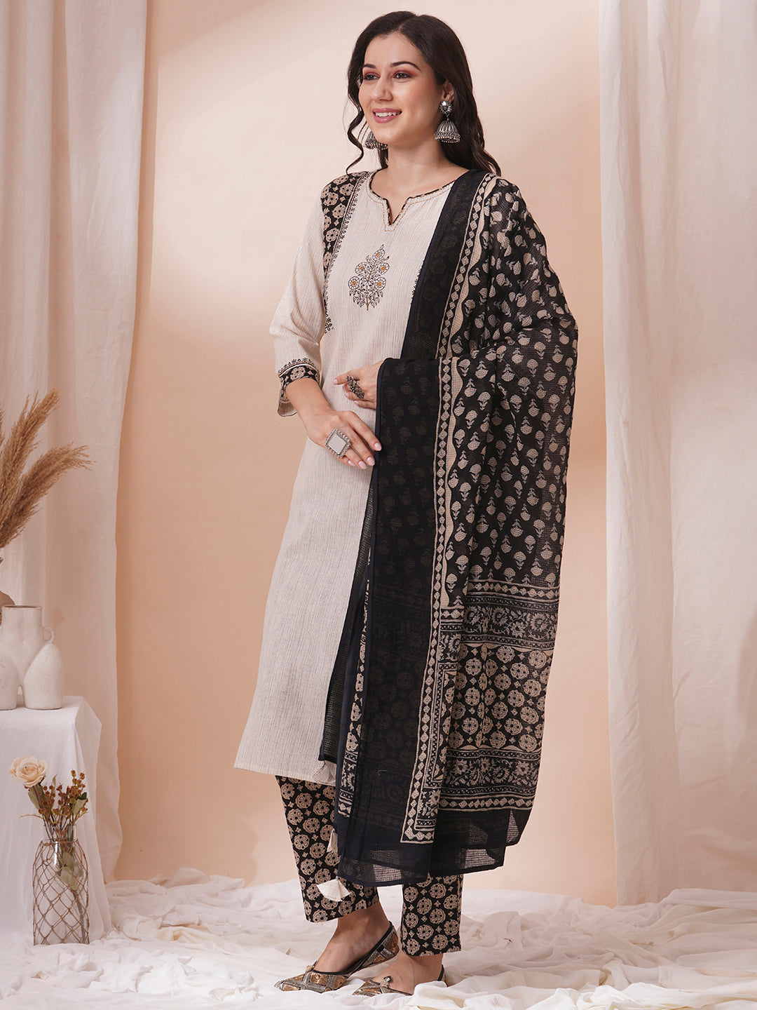 Cotton kurta suit set with mirror work with printed dupatta and printed pant.