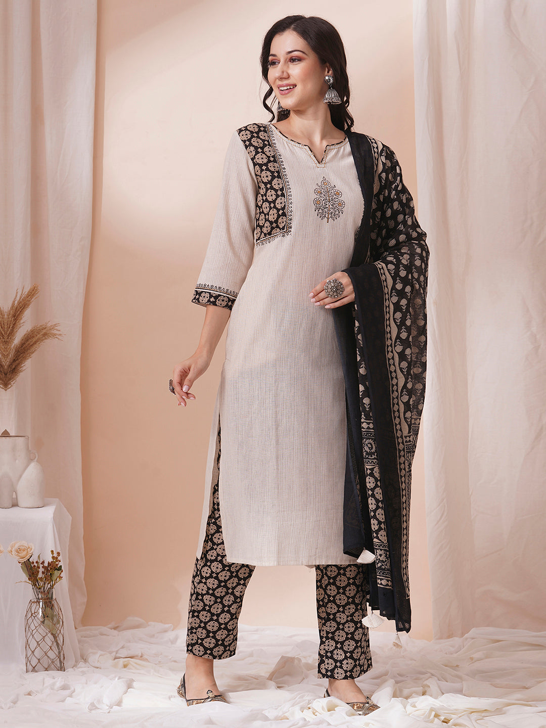 Cotton kurta suit set with mirror work with printed dupatta and printed pant.