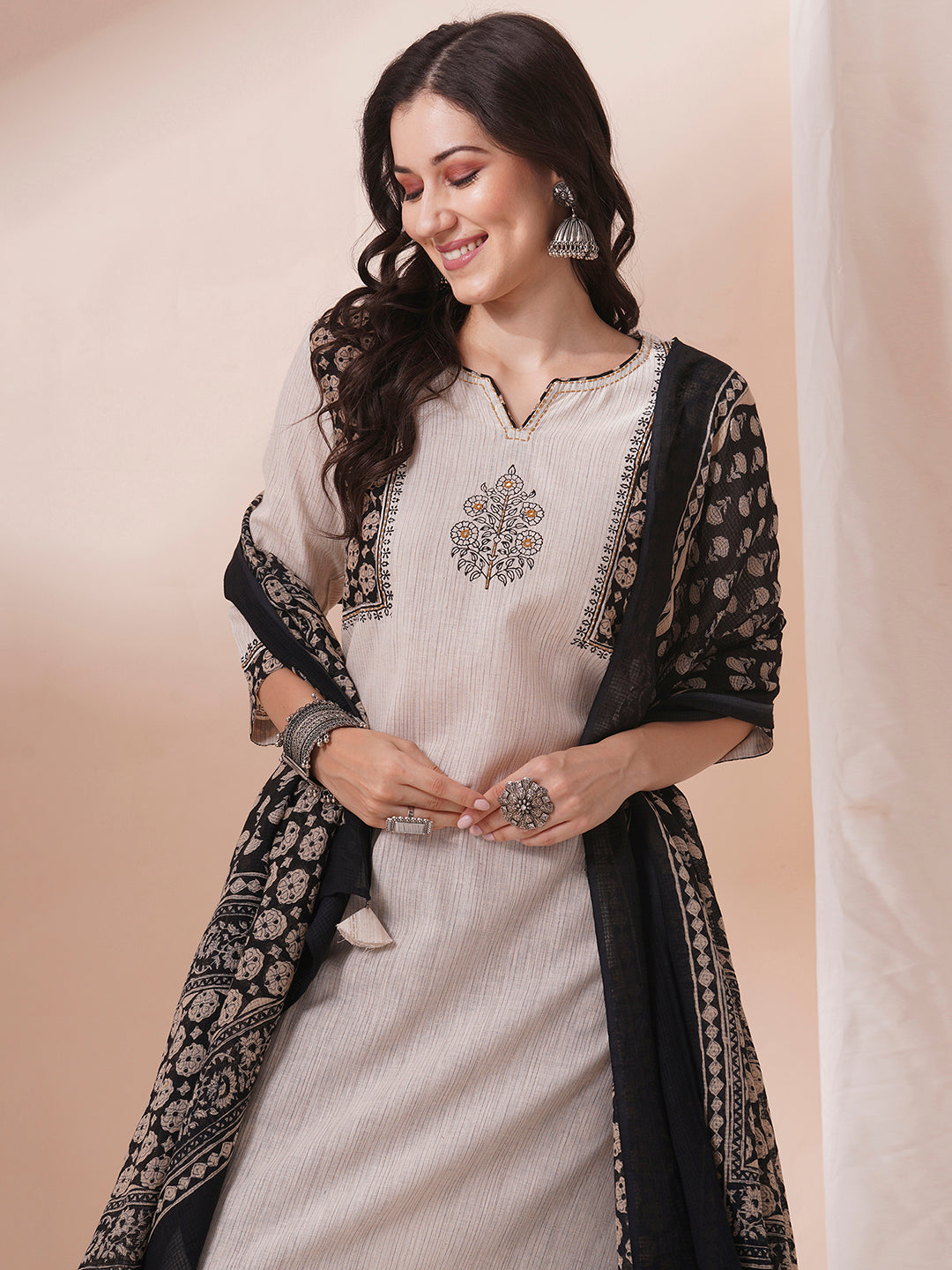 Cotton kurta suit set with mirror work with printed dupatta and printed pant.