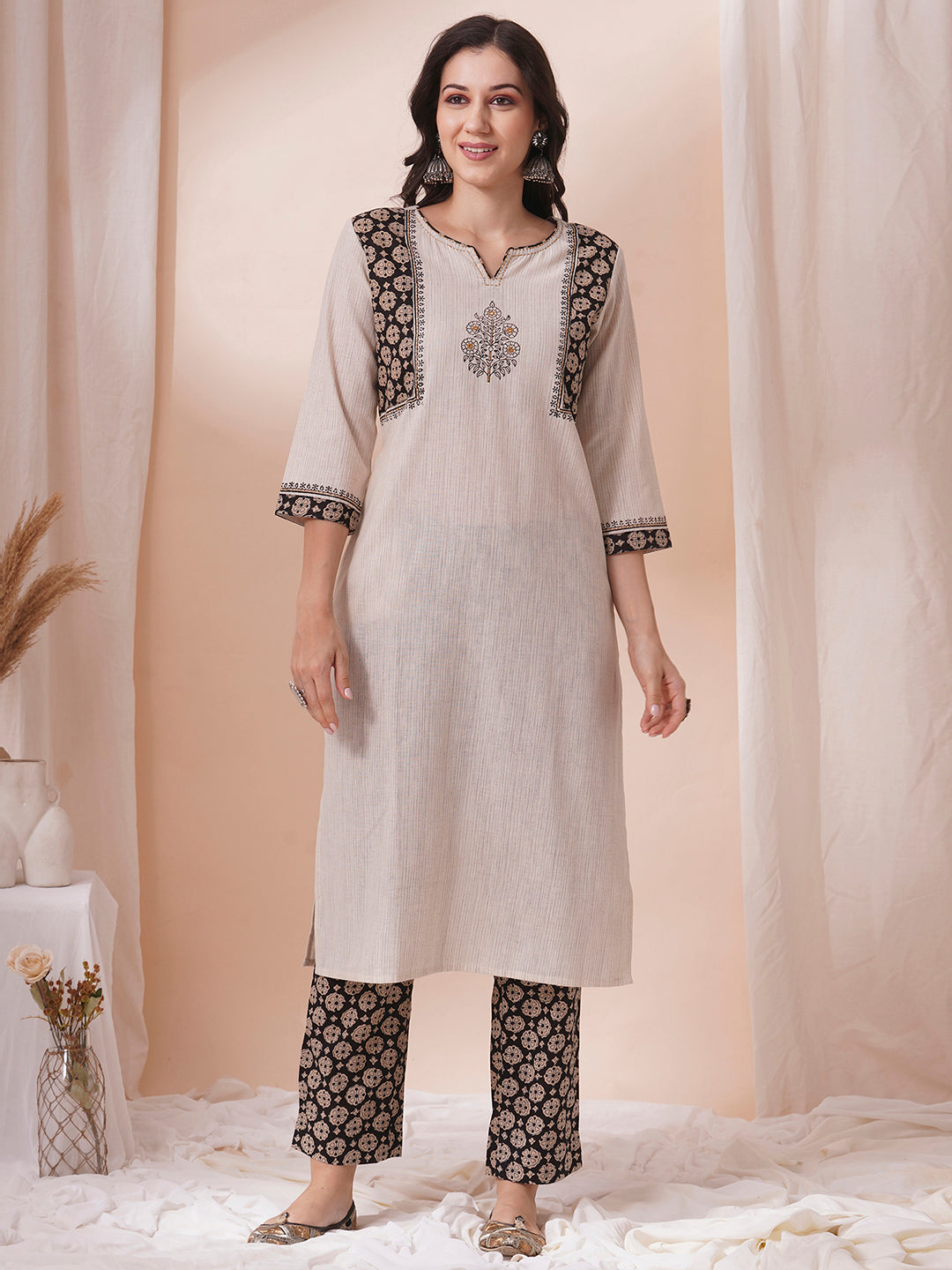 Cotton kurta suit set with mirror work with printed dupatta and printed pant.
